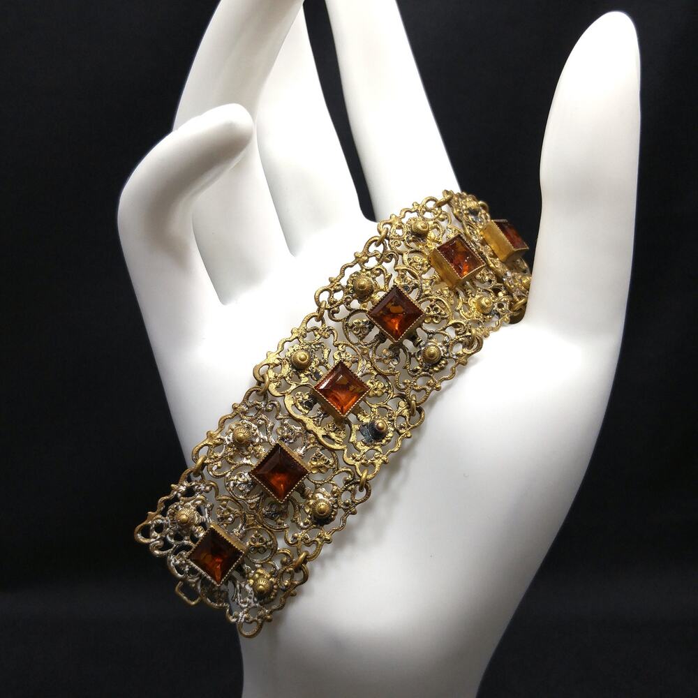 1920s Art Deco Filigree Bracelet Czech Topaz Glass Wide Brass Panels